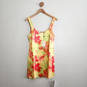Rumored Monaco Mini Dress Yellow Orange Watercolor Satin Square Neck NWT